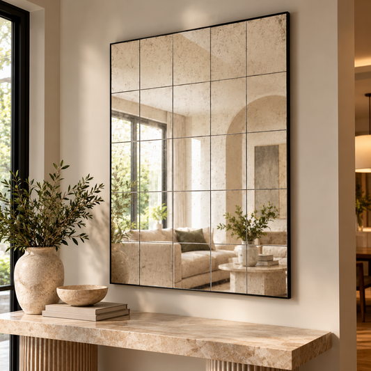 Antique Grid Wall Mirror - Black Metal Frame - Custom Sizes Available