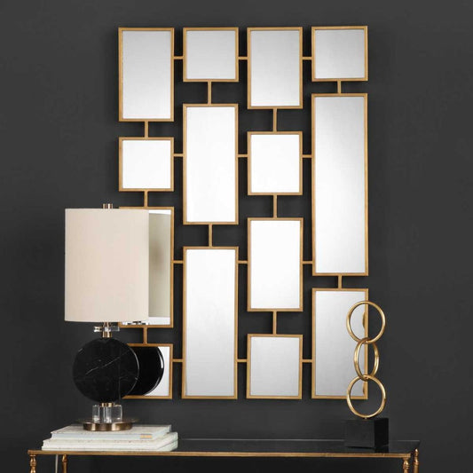 Antiqued Gold Leaf Geometric Wall Mirror – Forged Iron Statement Artwork Kennon Mirror