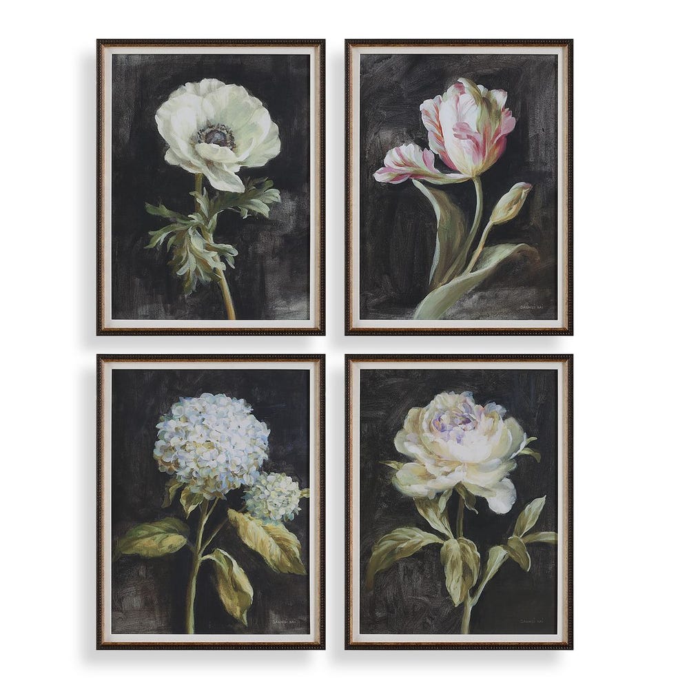 Florals on Black Framed Prints, Set of 4