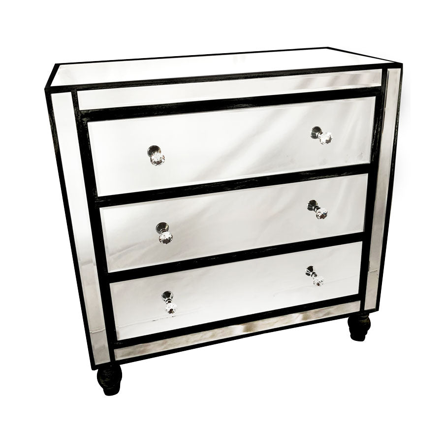 Adele 3 Drawer Tall Boy Bevelled Glass Style in Black Colour