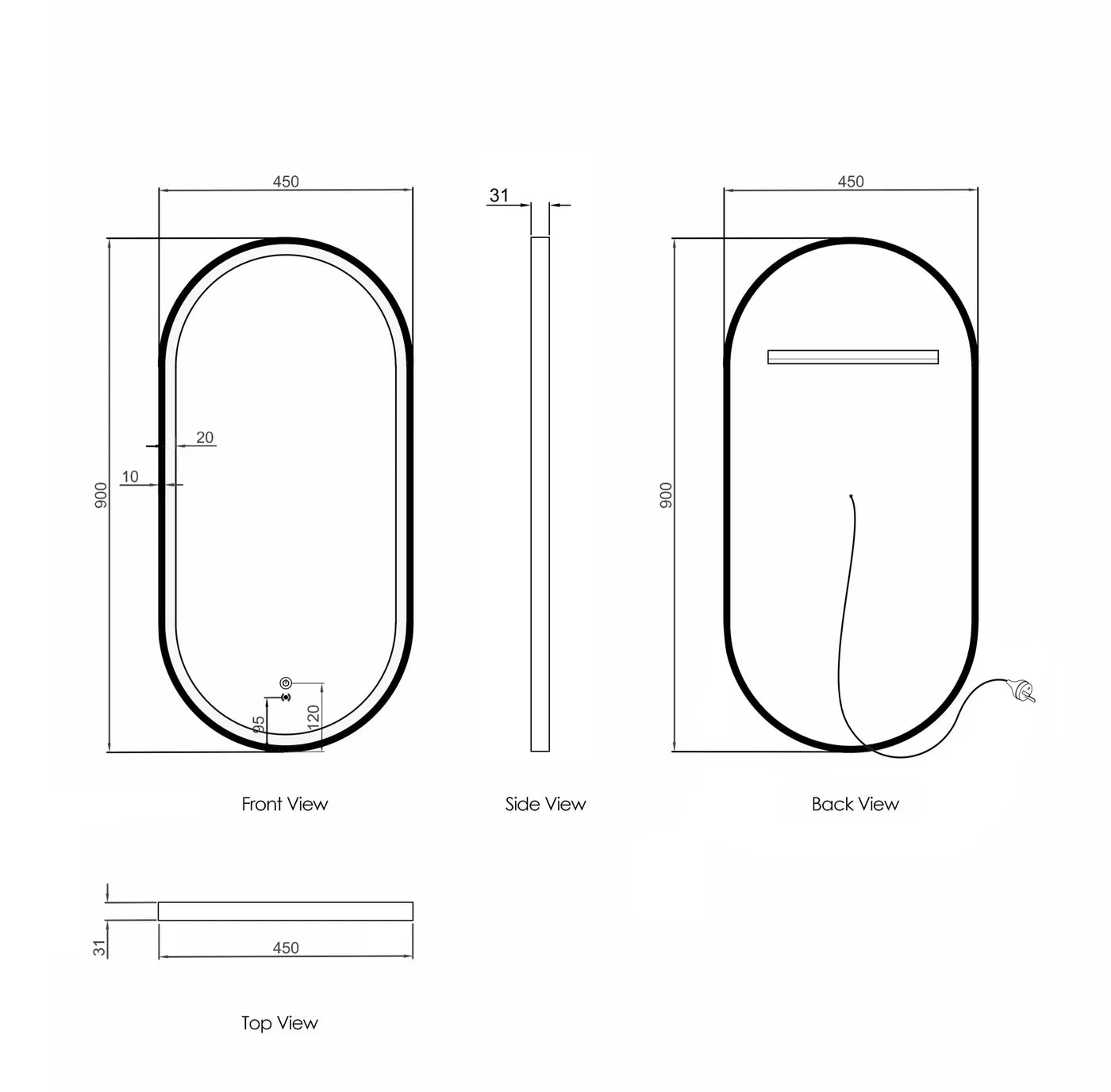 LED 900(H) X 450(W) Black Metal Frame Mirror